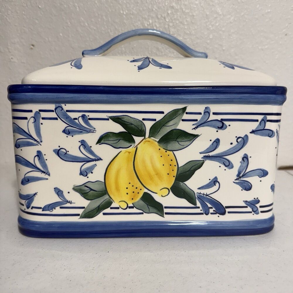 Inspirado Blue and White Lemon Porcelain Cookie Jar Bread Box Biscotti Keeper